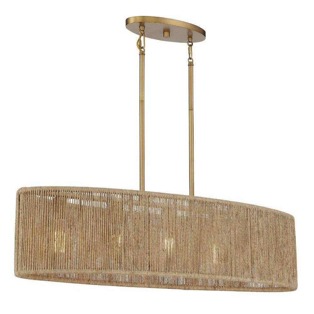 Warm Brass and Rope Textured 5-Light Linear Chandelier