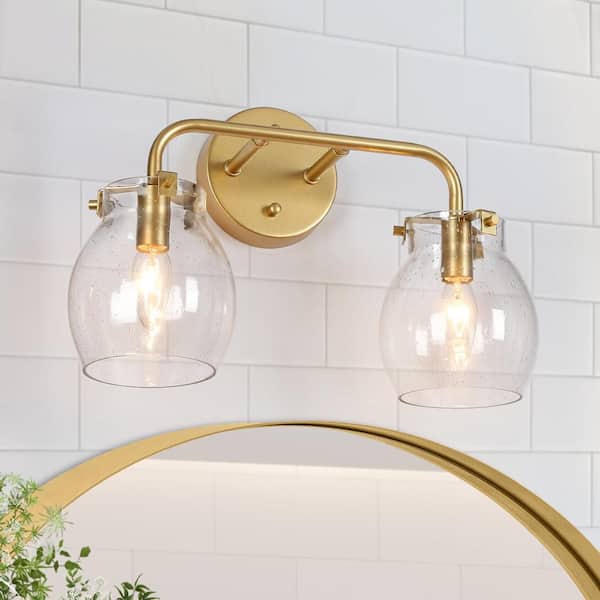 Mid-century Modern 14 in. 2-Light Light Gold Vanity Light for Bathroom Mirror, Powder Room Wall Sconce with Seeded Glass