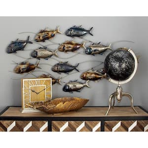 45 in. x  24 in. Metal Blue Indoor Outdoor Fish Wall Decor with Silver and Bronze Accents
