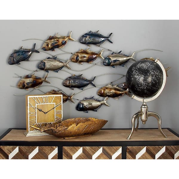 45 in. x  24 in. Metal Blue Indoor Outdoor Fish Wall Decor with Silver and Bronze Accents