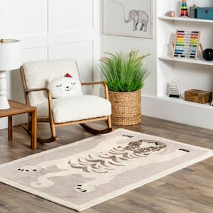 Naima Tiger Machine Washable Kids Ivory Doormat 3 ft. x 5 ft. Accent Rug