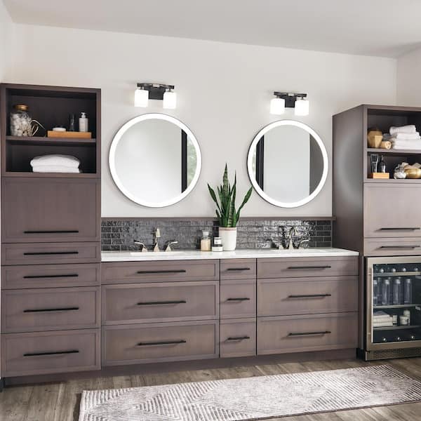 Marette 13.5 in. 2-Light Black Contemporary Bathroom Vanity Light with Satin Etched Cased Opal Glass