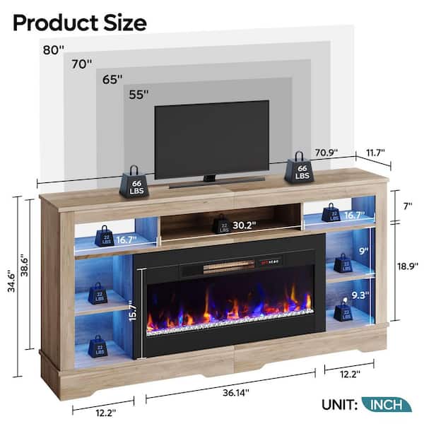 71 in. Wash Gray Freestanding Electric Fireplace TV Stand Fits TV Up to 75 in. Entertainment Center with Cabinet
