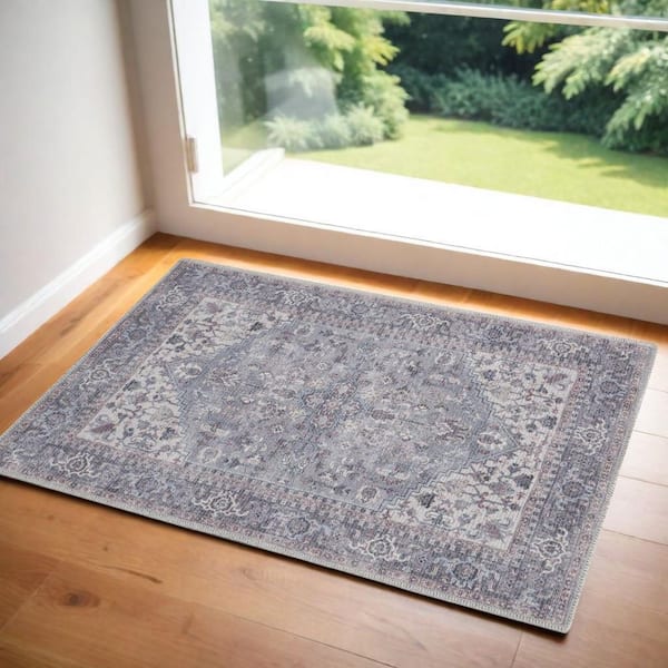2 ft. x 6 ft. Ivory Floral Washable Area Rug