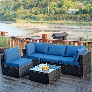5-Piece Wicker Patio Conversation Set with Blue Cushions Sofa Chair Coffee Table