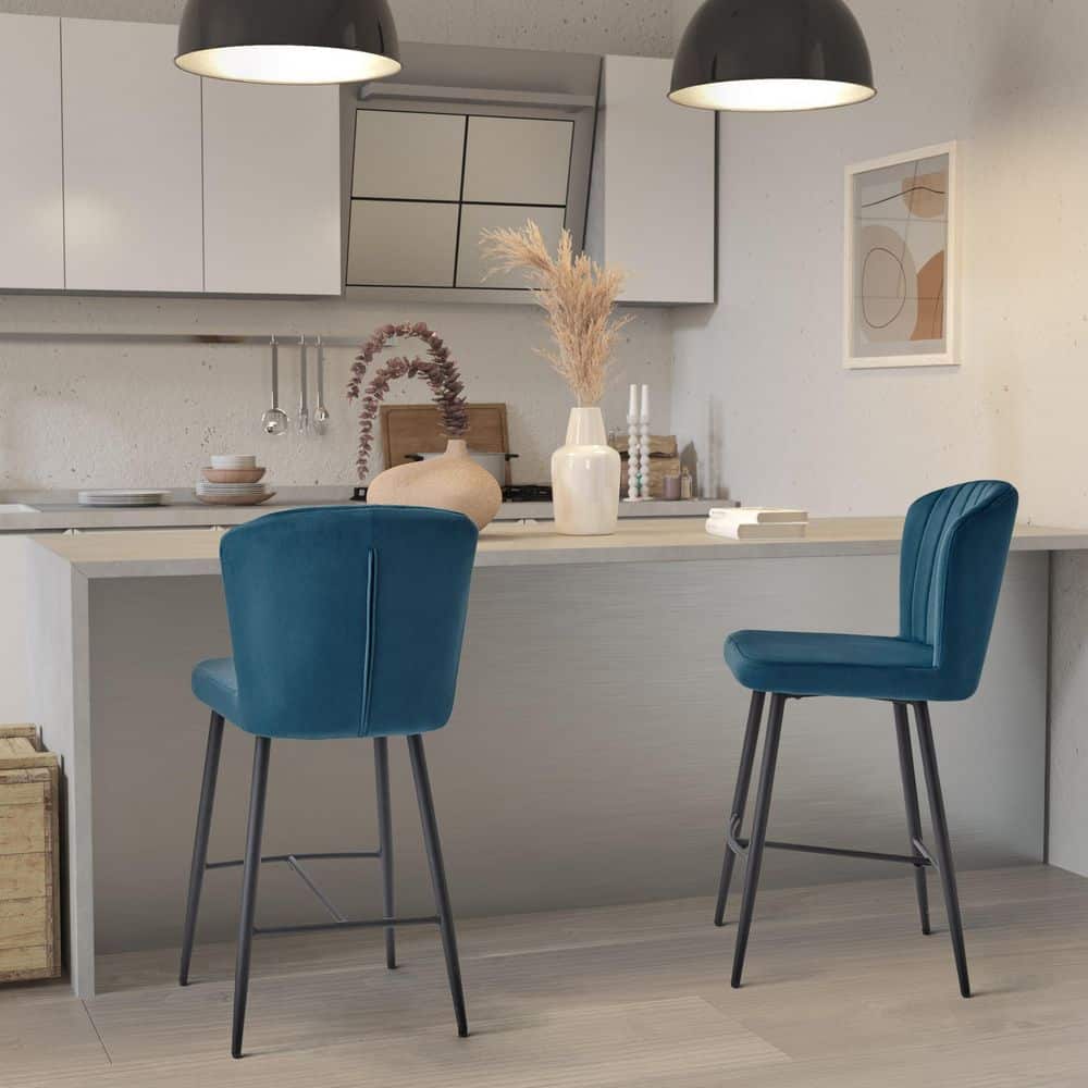 Jasper Navy Blue Velvet Counter Height Barstools, Set of 2