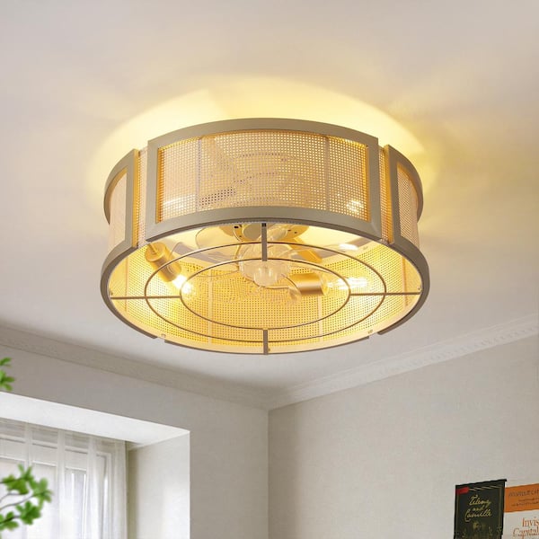 KAISITE 20 in. Indoor Rattan Woven Fandelier Boho Gold Caged Ceiling Fan with Light and Remote Control 6-Speed Reversible Motor