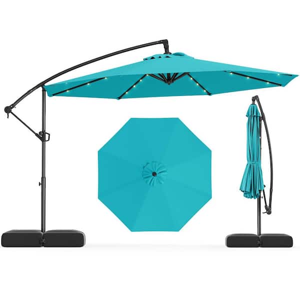 LIVIZA 10 ft. Steel Cantilever Offset Solar Hanging Patio Umbrella with Cross Base and 32 LED Lights in Turquoise