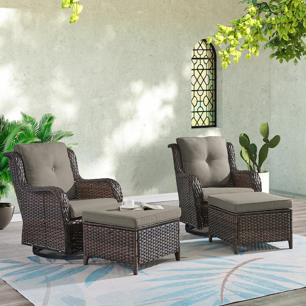 ArcoBay 4-Piece Brown Wicker Outdoor Rocking Chair Patio Swivel Chairs with Gray Cushions and Ottomans
