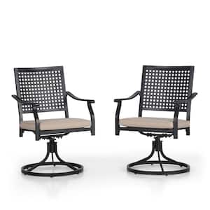 Black Swivel Metal Outdoor Dining Chair with Beige Cushion (2-Pack)