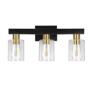 21.2 in. 3-Light Black Glod Vanity Light with Cylindrical Transparent Glass Shade