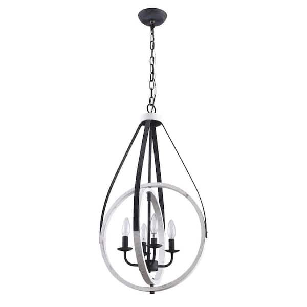 Oaks Aura Beverly 4-Light Distressed White Farmhouse Shabby Chic Wood Chandelier Rustic Ceiling Light for Living Room, Hallway