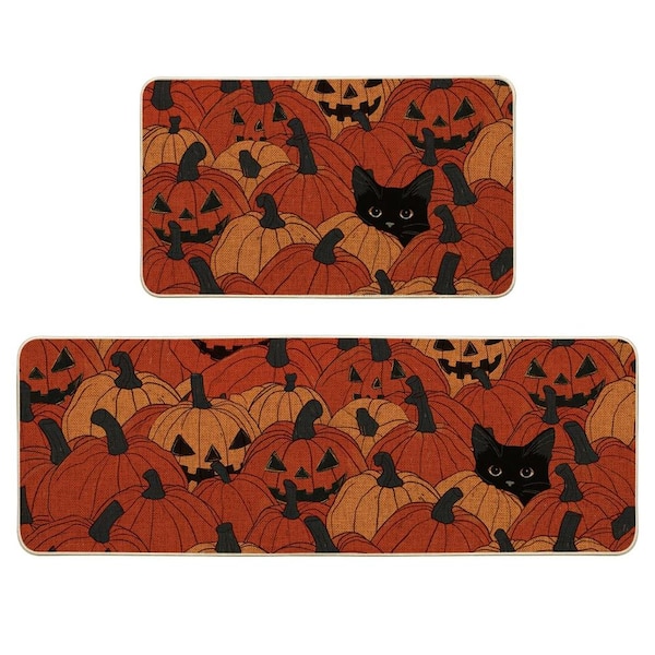 Cat Halloween Polyester and Rubber Kitchen Mats Set of 2 for Kitchen and Entryway, 17 in. x 29 in. and 17 in. x 47 in.
