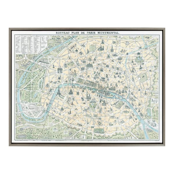 Sylvie "Nouveau Plan De Paris Monumental Map" by Piddix (Corinna Buchholz) Framed Canvas Wall Art 38 in. x 28 in.