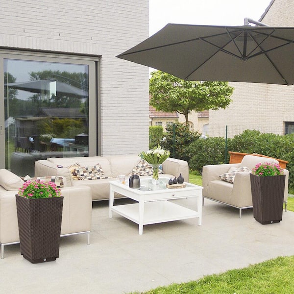 22.5 in. Tall Coffee Plastic Outdoor Wicker Flower Pot Planters with Drainage Hole (2-Pieces)
