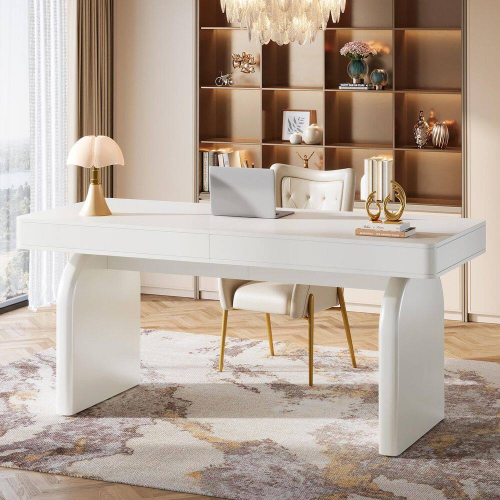 White Ribbed Desk BYBLIGHT 63 in. Rectangular White Wood 2-Drawer Executive Desk, Modern ...