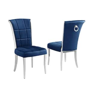 Alondra Navy Blue Velvet Fabric Side Chairs Set of 2 With Chrome Legs And Back Ring Handle