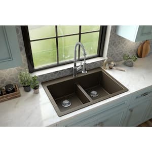 Brown Quartz 33 in. 50/50 Double Bowl Composite Drop-in Kitchen Sink
