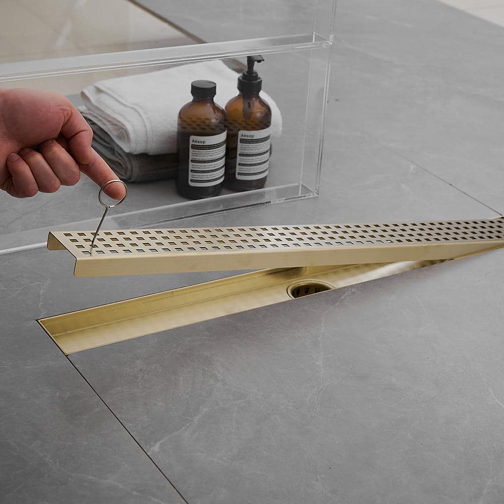 Brushed Gold 24-Inch Stainless Steel Linear Shower Drain with Square Pattern