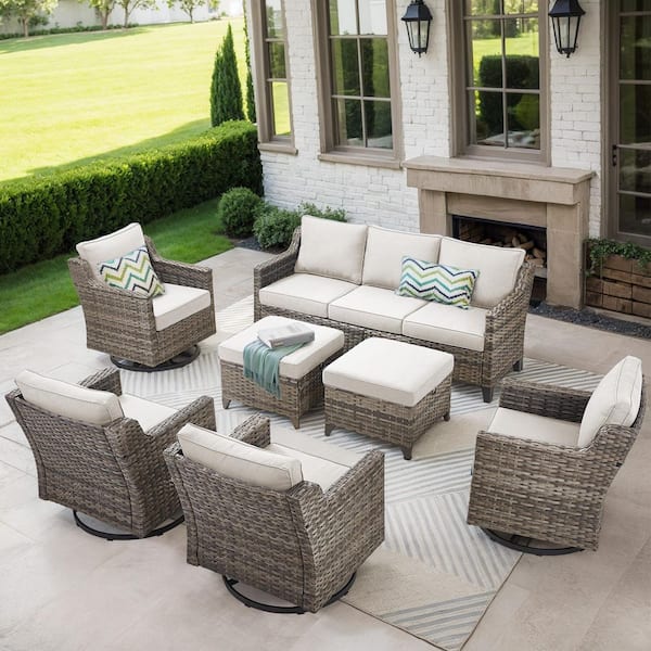 7-Piece Outdoor Wicker Swivel Patio Conversation Set, Including Sofa, Swivel Chairs and Footstools with Beige Cushions