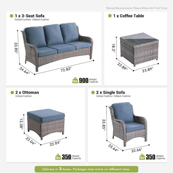Joyoung Gray 6-Piece Wicker Outdoor Patio Conversation Seating Set with Denim Blue Cushions