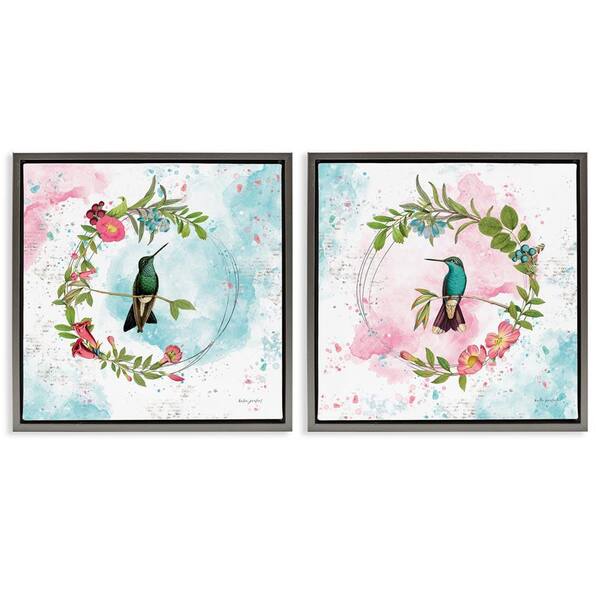 Hummingbirds in Wreaths by Katie Pertiet 2-Pieces Gray Floater Frame Animal Graphic Art Print 18 in. x 18 in.