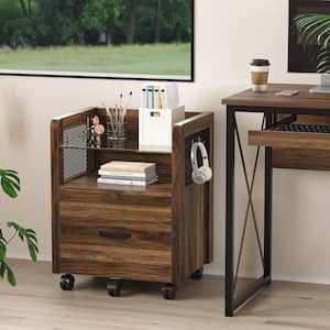 Single Drawer Brown Engineered Wood 19.49 in. Rolling Vertical File Cabinet with Open Shelf and Hooks