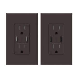 4 Amp USB Dual Type A In-Wall Charger with 15 Amp Duplex Tamper Resistant Outlet, Wall Plate Included, Brown (2-Pack)