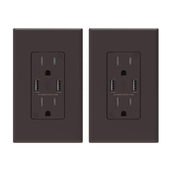 ELEGRP 4 Amp USB Dual Type A In-Wall Charger with 15 Amp Duplex Tamper Resistant Outlet, Wall Plate Included, Brown (2-Pack)