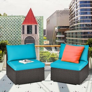 2-Piece Wicker Patio Rattan Armless Sofa Sectional Furniture Conversation Set with Turquoise Cushions