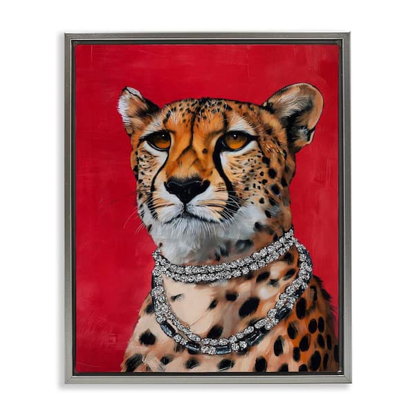 Leopard Royalty with Necklace by Svetlana Aleynikova Gray Floater Frame Animal Graphic Art Print 21 in. x 17 in.