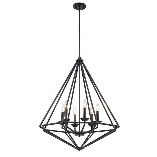 Home Decorators Collection Hubley 6-Light Triangular Black Pendant Light Fixture with Metal Cage Shade