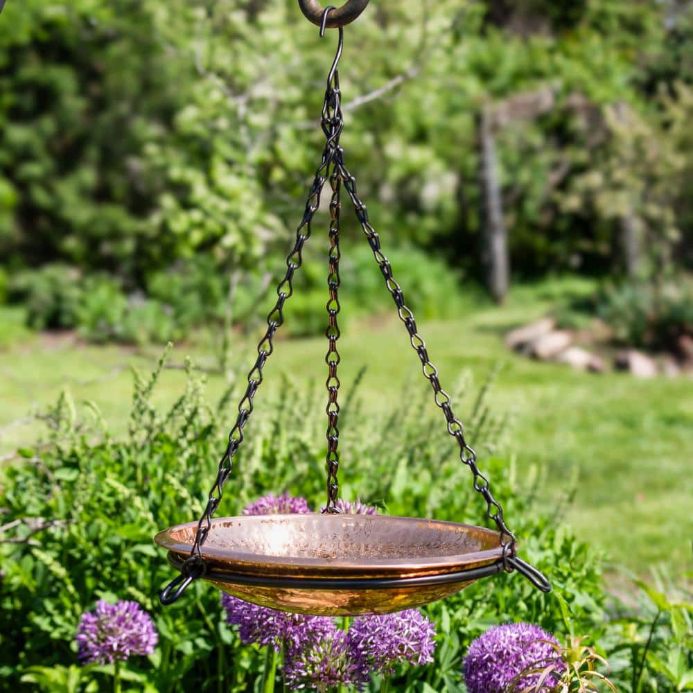 Hand-Hammered Copper Hanging Bird Bath Feeder with Iron Chains