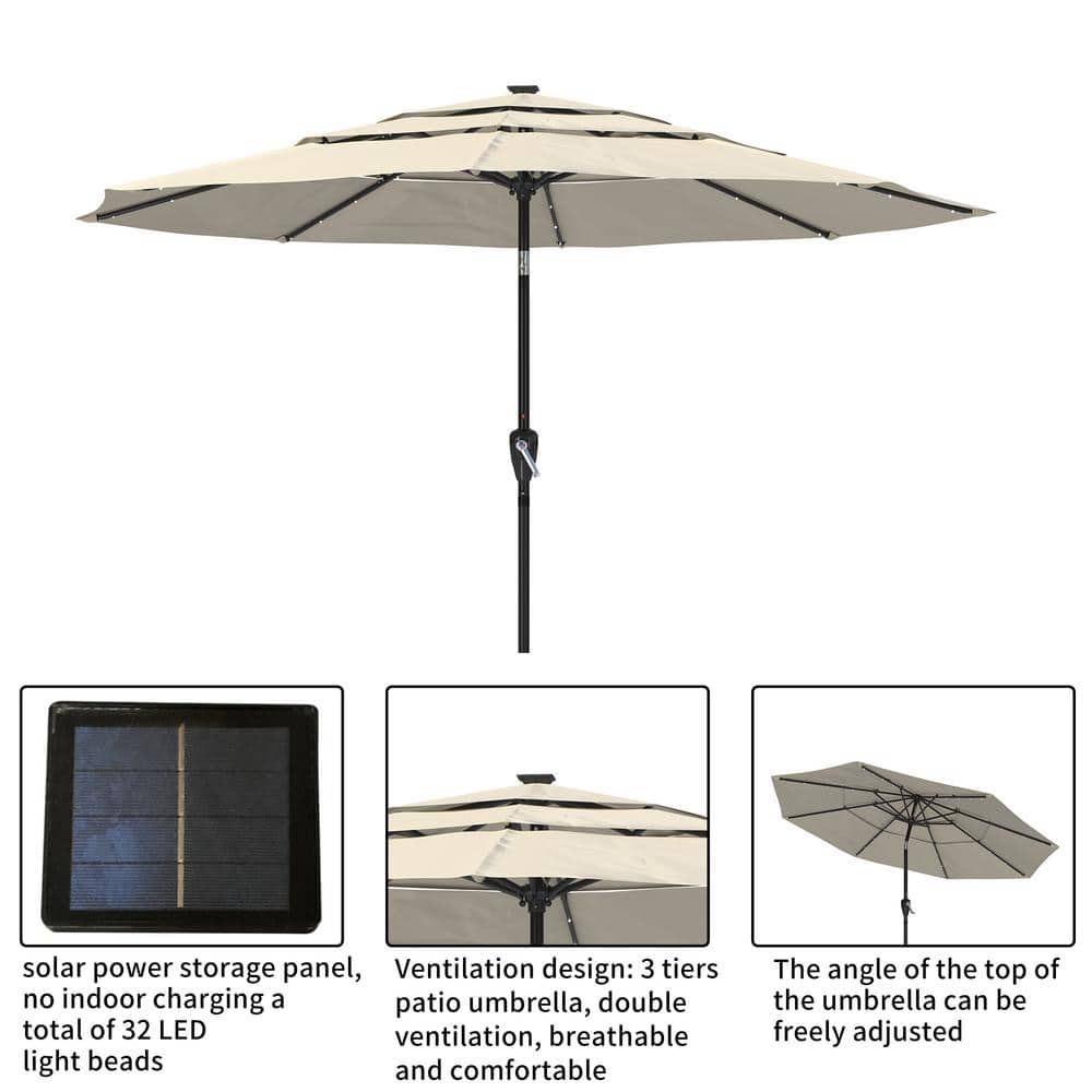 11 ft Tan Aluminum Market Patio Umbrella with LED Lights