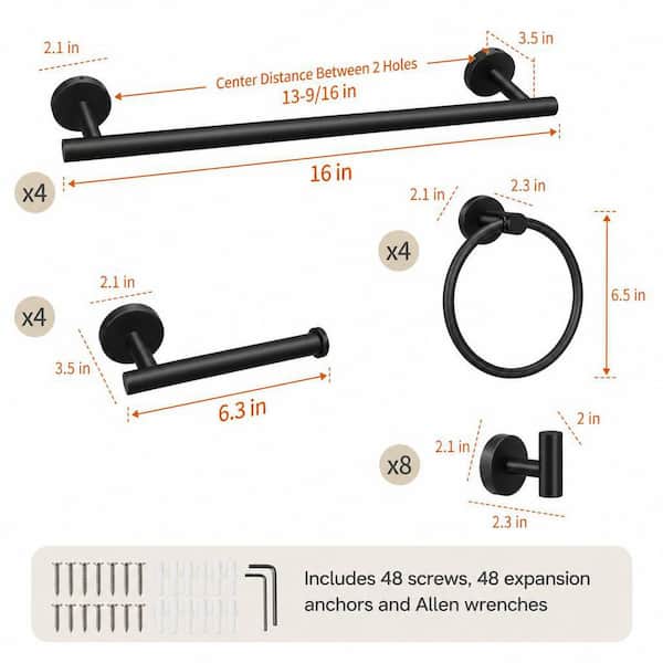 20-Piece Bathroom Hardware Set in Black with 16 in. Wall Mounted Hand Towel Bars, Towel Rings and More