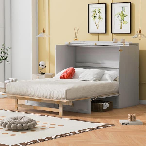 Qualler White Wood Frame Full Murphy Bed with A Large Drawer