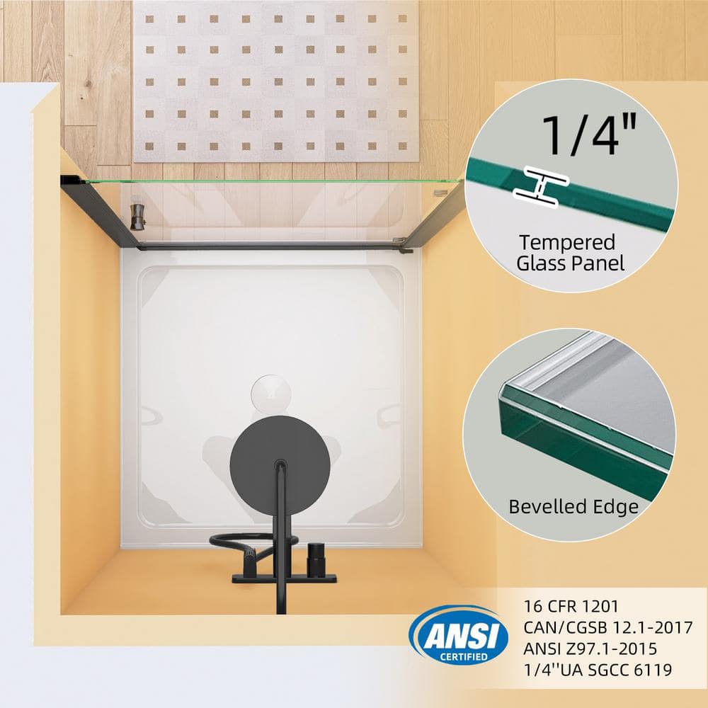 Matte Black Frameless Pivot Shower Door with Clear Tempered Glass