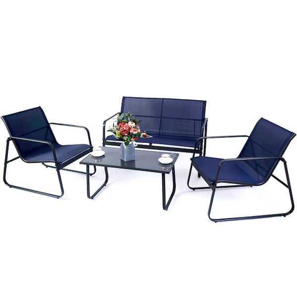 KOZYARD Gray 4-Piece Metal Patio Conversation Set with Blue Breathable Textilence Seating