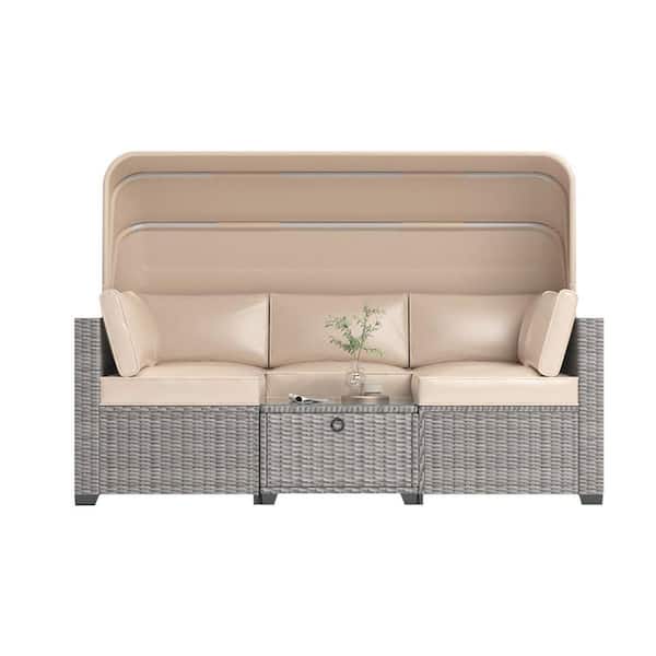 6 Pieces Wicker Patio Sofa Set Outdoor Day Bed with Cushions, Retractable Canopy, Adjustable Backrest, Grey+White