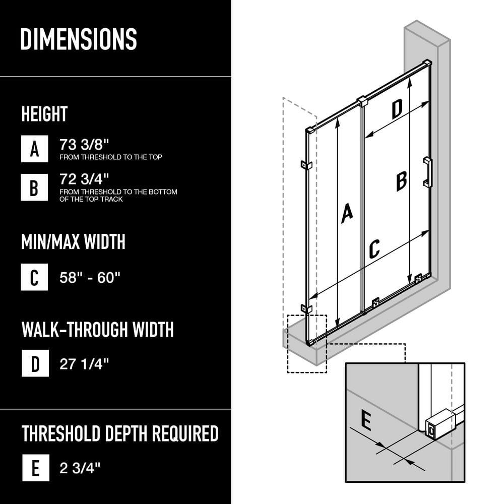 Ryland 60" Frameless Chrome Sliding Shower Door with Clear Glass