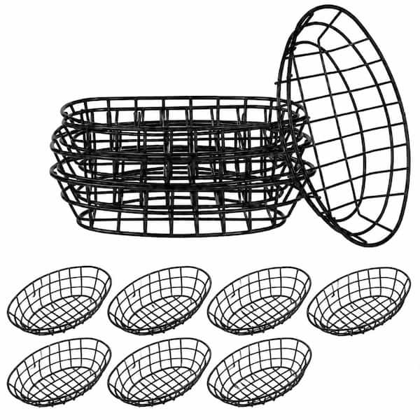 12-Pack Oval Wire Bread Baskets 9.5x6.2x2.2 in. Black Iron Serving Baskets with 50 Deli Liner Sheets