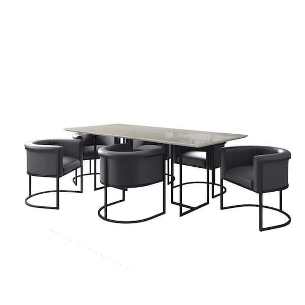 Manhattan Comfort Celine and Bali 7-Piece Off White and Pebble Grey Glass Top Dining Room Set (Seats-6)
