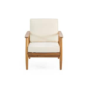 Patio garden wooden outdoor terrace club lounge chair with armrests and white cushions