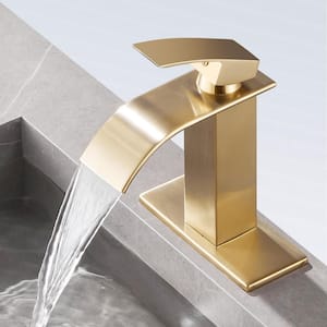 Single-Handle Arc Single-Hole Bathroom Faucet with Waterfall in Brushed Gold