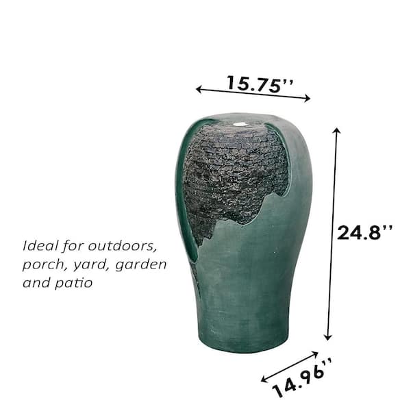 25 in. Tall Modern Round Broken Egg Shell Jar Waterfall Fountain with LED Lights and Auto Shut Off Pump, Turquoise