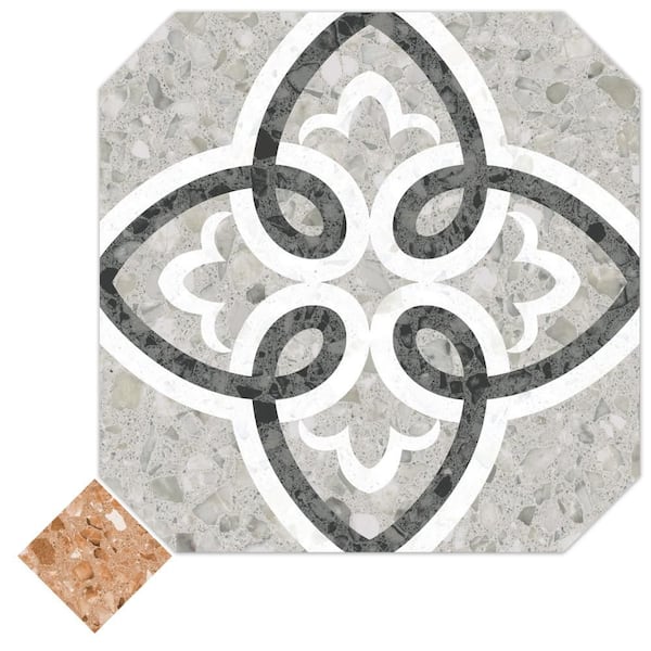 Merola Tile Riviera Octagon Garde Gris with Taco Rojizo 8 in. x 8 in. Porcelain Floor and Wall Take Home Tile Sample