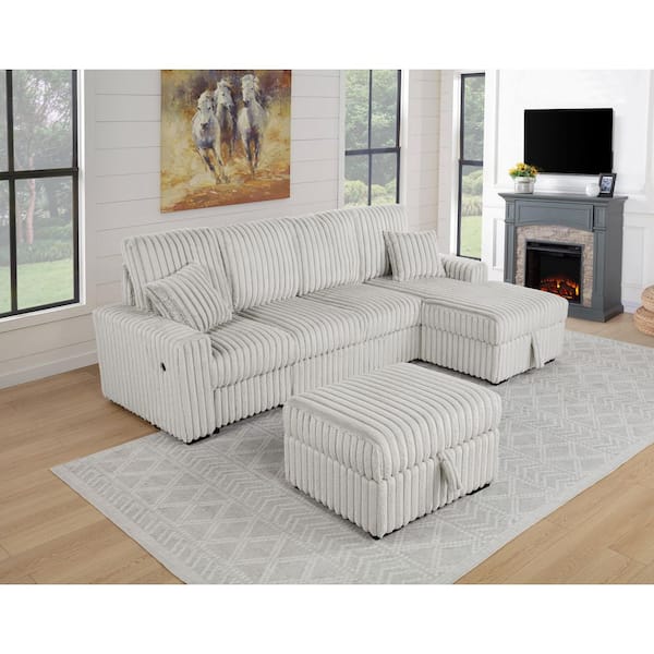 Alba 64.5 in. W. Straight Arm 3-Piece Corduroy Fabric L Shape Pull Out Loveseat Sectional Sofa in Beige Color