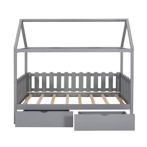 Gray Twin House Bed for Kids, Twin Daybed with Storage Drawers, Wood House Frame Twin Bed with Fence-Shaped Guardrail