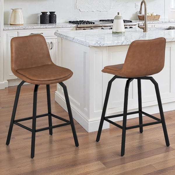 37 in. Yannish Brown Faux Leather Swivel Bar Stool Metal Frame Double-Cushioned Counter Height Stool(Set of 2)