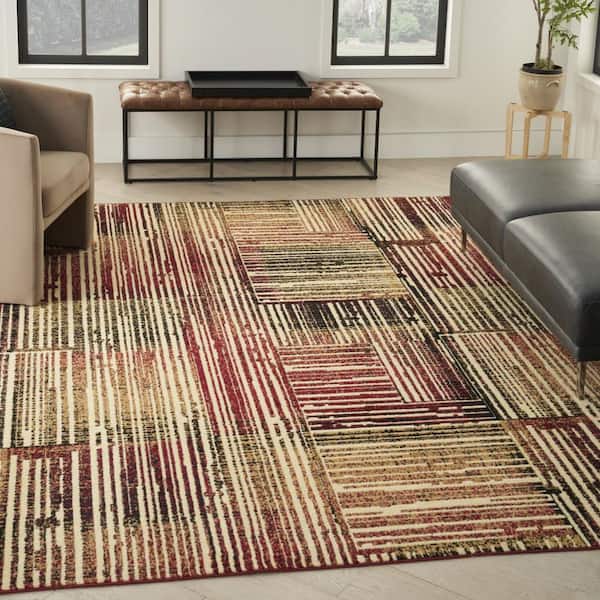 8 ft. x 10 ft.Tan Black and Red Striped Non Skid Area Rug